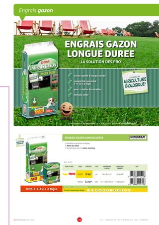 DCM CATALOGUE 2015-2016 38
Engrais gazon
* conformément aux règlements CE n° 834/2007 et 889/2008, et amendements
LA SOLUTION DES PRO
	 action rapide  longue durée
	 complet  concentré
	 7-5-10 +2 MgO
	 pour création  entretien
	 formule UAB*
ENGRAIS GAZON LONGUE DUREE MINIGRAN®
T E C H N O L O G Y
•	Utilisable en agriculture biologique
•	Moins de tontes
•	Convient aussi pour les tontes mulching
Dose : 50 g/m2
CODE CLIENT CODE CONTENU TYPE DIMENSIONS
(LXPXH)
CONDITION-
NEMENT
EAN
PROMO 1002322 10 kgÀ sac 64 x 28 x 9 cm 33 sacs/MP
1002323 3,5 kgÀ boîte 24,4 x 8,6 x 34,5 cm 6 boîtes/carton
NPK 7-5-10 + 2 MgO
NF U 42-001 - ENGRAIS ORGANO-MINERAL
Période d’application idéale : J | F | M | A | M | J | J | A | S | O | N | D
UTILISABLE EN
AGRICULTURE
BIOLOGIQUE*
UTILISABLE EN
AGRICULTURE
BIOLOGIQUE*
*conformémentaurèglement CE 834/2007
ENGRAIS GAZON
LONGUE DUREE
UTILISABLE EN
AGRICULTURE
BIOLOGIQUE*
UTILISABLE EN
AGRICULTURE
BIOLOGIQUE*
*conformémentaurèglement CE 834/2007
EP = EUROPALETTE • MP = MINIPALETTE • SB = SHOWBOX
 