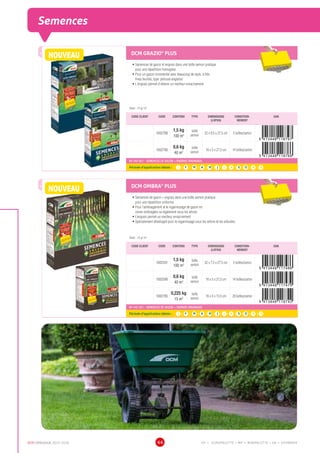 DCM CATALOGUE 2015-2016 44
Semences
DCM GRAZIO®
PLUS
•	Semences de gazon et engrais dans une boîte semoir pratique
pour une répartition homogène
•	Pour un gazon ornemental avec beaucoup de style, à très
fines feuilles, type 'pelouse anglaise'
•	L'engrais permet d'obtenir un meilleur enracinement
Dose : 15 g/ m2
CODE CLIENT CODE CONTENU TYPE DIMENSIONS
(LXPXH)
CONDITION-
NEMENT
EAN
1002788
1,5 kg
100 m2
boîte
semoir
32 x 9,5 x 27,5 cm 5 boîtes/carton
1002786
0,6 kg
40 m2
boîte
semoir
16 x 5 x 27,5 cm 14 boîtes/carton
NF U42-001 - SEMENCES DE GAZON + ENGRAIS ORGANIQUE
Période d’application idéale : J | F | M | A | M | J | J | A | S | O | N | D
DCM OMBRA®
PLUS
•	Semences de gazon + engrais dans une boîte semoir pratique
pour une répartition uniforme
•	Pour l’aménagement et le regarnissage de gazon en
zones ombragées ou également sous les arbres
•	L’engrais permet un meilleur enracinement
•	Spécialement développé pour le regarnissage sous les arbres et les arbustes
Dose : 15 g/ m2
CODE CLIENT CODE CONTENU TYPE DIMENSIONS
(LXPXH)
CONDITION-
NEMENT
EAN
1002591
1,5 kg
100 m2
boîte
semoir
32 x 7,5 x 27,5 cm 5 boîtes/carton
1002590
0,6 kg
40 m2
boîte
semoir
16 x 5 x 27,5 cm 14 boîtes/carton
1002785
0,225 kg
15 m2
boîte
semoir
16 x 5 x 13,5 cm 28 boîtes/carton
NF U42-001 - SEMENCES DE GAZON + ENGRAIS ORGANIQUE
Période d’application idéale : J | F | M | A | M | J | J | A | S | O | N | D
NOUVEAU
NOUVEAU
EP = EUROPALETTE • MP = MINIPALETTE • SB = SHOWBOX
 