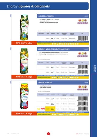 DCM CATALOGUE 2015-201649
Engrais liquides  bâtonnets
LIQUIDES
BATONNETS
Engrais liquides  bâtonnets
OLIVIERS  FIGUIERS LIQUIDE
•	Pour oliviers et figuiers en pots et pleine terre
•	Riche en oligo-éléments
•	Avec Bore pour une bonne fructification
Dose : 5 - 10 ml/L d’eau d’arrosage
CODE CLIENT CODE CONTENU TYPE DIMENSIONS
(LXPXH)
CONDITION-
NEMENT
EAN
1000933 0,8 LÀ flacon 10 x 6 x 28 cm 16 flacons/carton
NPK 6-6-7 + oligo
NF U 42-002-2 - ENGRAIS ORGANO-MINERAL, BORE, CUIVRE CHELATE, FER CHELATE, MANGANESE CHELATE, MOLYBDENE ET ZINC CHELATE
Période d’application idéale : J | F | M | A | M | J | J | A | S | O | N | D
AGRUMES  PLANTES MEDITERRANEENNES LIQUIDE
•	Pour agrumes et plantes méditeranéennes en pots et pleine terre
•	Riche en oligo-éléments pour agrumes et plantes méditerranéennes
Dose : 5 - 10 ml/L d’eau d’arrosage
CODE CLIENT CODE CONTENU TYPE DIMENSIONS
(LXPXH)
CONDITION-
NEMENT
EAN
1000929 0,8 LÀ flacon 10 x 6 x 28 cm 16 flacons/carton
1000930 0,4 LÀ flacon 9,5 x 5 x 18 cm 20 flacons/carton
NPK 6-6-7 + oligo
NF U 42-002-2 - ENGRAIS ORGANO-MINERAL, BORE, CUIVRE CHELATE, FER CHELATE, MANGANESE CHELATE, MOLYBDENE ET ZINC CHELATE
Période d’application idéale : J | F | M | A | M | J | J | A | S | O | N | D
MAISON  JARDIN LIQUIDE
•	Engrais liquide universel
•	Riche en oligo-éléments
Dose : 5 - 10 ml/L d’eau d’arrosage
CODE CLIENT CODE CONTENU TYPE DIMENSIONS
(LXPXH)
CONDITION-
NEMENT
EAN
1002308 5 LÀ bidon 18,5 x 13 x 28,5 cm 4 bidons/carton
1002094 2,5 LÀ bidon 15 x 9 x 24 cm 6 bidons/carton
PROMO 1002092 0,8 LÀ flacon 10 x 6 x 28 cm 16 flacons/carton
NPK 6-5-7 + oligo
NF U 42-002-2 - ENGRAIS ORGANO-MINERAL, BORE, CUIVRE CHELATE, FER CHELATE, MANGANESE CHELATE, MOLYBDENE ET ZINC CHELATE
Période d’application idéale : J | F | M | A | M | J | J | A | S | O | N | D
MMP = MINIMINIPALETTE
 