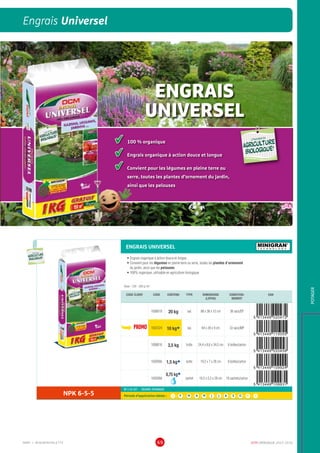 DCM CATALOGUE 2015-201669
POTAGER
ENGRAIS UNIVERSEL MINIGRAN®
T E C H N O L O G Y
•	Engrais organique à action douce et longue
•	Convient pour les légumes en pleine terre ou serre, toutes les plantes d’ornement
du jardin, ainsi que les pelouses
•	100% organique, utilisable en agriculture biologique
Dose : 100 - 200 g /m2
CODE CLIENT CODE CONTENU TYPE DIMENSIONS
(LXPXH)
CONDITION-
NEMENT
EAN
1000019 20 kg sac 88 x 38 x 12 cm 36 sacs/EP
PROMO 1002324 10 kgÀ sac 64 x 28 x 9 cm 33 sacs/MP
1000016 3,5 kg boîte 24,4 x 8,6 x 34,5 cm 6 boîtes/carton
1002066 1,5 kgÀ boîte 19,2 x 7 x 26 cm 8 boîtes/carton
1002068
0,75 kgÀ
sachet 19,5 x 5,5 x 28 cm 16 sachets/carton
NPK 6-5-5
NF U 42-001 - ENGRAIS ORGANIQUE
Période d’application idéale : J | F | M | A | M | J | J | A | S | O | N | D
UTILISABLE EN
AGRICULTURE
BIOLOGIQUE*
UTILISABLE EN
AGRICULTURE
BIOLOGIQUE*
*conformémentaurèglement CE 834/2007
Engrais Universel
	 100 % organique
	 Engrais organique à action douce et longue
	 Convient pour les légumes en pleine terre ou
	 serre, toutes les plantes d’ornement du jardin,
	 ainsi que les pelouses
ENGRAIS
UNIVERSEL
UTILISABLE EN
AGRICULTURE
BIOLOGIQUE*
UTILISABLE EN
AGRICULTURE
BIOLOGIQUE*
*conformémentaurèglement CE 834/2007
MMP = MINIMINIPALETTE
 