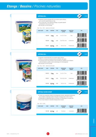 DCM CATALOGUE 2015-201681
Etangs / Bassins / Piscines naturelles
ETANGS
OPTIMA KH+ POUDRE
•	Augmente la dureté carbonatée (KH) d’une manière rapide et efficace,
pour une bonne capacité tampon de l’eau
•	Pour une eau avec un bon équilibre biologique, une grande capacité
autonettoyante et des poissons sains
•	Ne colle pas à la vis de la pompe
Dose : 100 g / 1.000 L / dépend de la KH actuelle
CODE CLIENT CODE CONTENU TYPE DIMENSIONS
(LXPXH)
CONDITION-
NEMENT
EAN
1000349 5 kg seau 31 x 21 x 17 cm 1 seau
1000348 1 kg boîte 10,5 x 10,5 x 19 cm 6 boîtes/carton
1000347 0,5 kg boîte 10 x 10 x 11 cm 16 boîtes/carton
OPTIMA GH+ POUDRE
•	Augmente la dureté totale (GH) d’une manière rapide et efficace
•	Améliore la croissance des plantes et évite la prolifération des algues
•	Les poissons seront moins stressés et moins sensibles aux maladies et leur résistance
contre les éléments nuisibles comme l’ammoniaque et le nitrite augmente
•	Ne colle pas à la vis de la pompe
Dose : 100 g / 1.000 L / dépend de la GH actuelle
CODE CLIENT CODE CONTENU TYPE DIMENSIONS
(LXPXH)
CONDITION-
NEMENT
EAN
1000352 5 kg seau 31 x 21 x 17 cm 1 seau
1000351 1 kg boîte 10,5 x 10,5 x 19 cm 6 boîtes/carton
1000350 0,5 kg boîte 10 x 10 x 11 cm 16 boîtes/carton
OPTIMA FILTER-START POUDRE
•	Contient une concentration élevée en micro­organismes naturels, spécialement sélectionnés
pour permettre un démarrage rapide de l’épuration biologique dans le filtre du bassin
•	Indispensable au redémarrage rapide au printemps ou au démarrage d’un nouveau filtre
•	Pour une eau limpide et un équilibre biologique dans le bassin
Dose : 100 g / 15.000 L
CODE CLIENT CODE CONTENU TYPE DIMENSIONS
(LXPXH)
CONDITION-
NEMENT
EAN
1001499 0,1 kg pot 8 x 6,5 cm 12 pots/carton
aussipourpis
cin
es
natu
re
lles
aussipourpis
cin
es
natu
re
lles
aussipourpis
cin
es
natu
re
lles
MMP = MINIMINIPALETTE
 