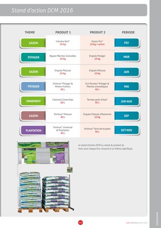 DCM CATALOGUE 2015-201689
ILV PrésentoirsStand d’action DCM 2016
PRESENTATION
Le stand d’action DCM ou stand du produit du
mois sera chaque fois consacré à un thème spécifique.
Calcaire Vert®
20 kg
Gazon Pur®
10 kg + action
Algues Marines Granulées
20 kg
Engrais Potager
10 kg
Engrais Pelouse
20 kg
Engrais Pelouse
10 kg
Vivimus®
Potager 
Arbres fruitiers
40 L
Eco-Terreau®
Potager 
Plantes aromatiques
40 L
Castanea Coverchips
60 L
Terreau grain d’eau®
40 L
Vivimus®
Pelouse
40 L
Engrais Pelouse d’Automne
10 kg
Vivimus®
Universel
 Plantation
40 L
Vivimus®
Terre de bruyère
40 L
POTAGER
GAZON
POTAGER
GAZON
ORNEMENT
GAZON
PLANTATION
FEV
MAR
AVR
MAI
JUN-AUG
SEP
OCT-NOV
THEME PRODUIT 1 PRODUIT 2 PERIODE
 