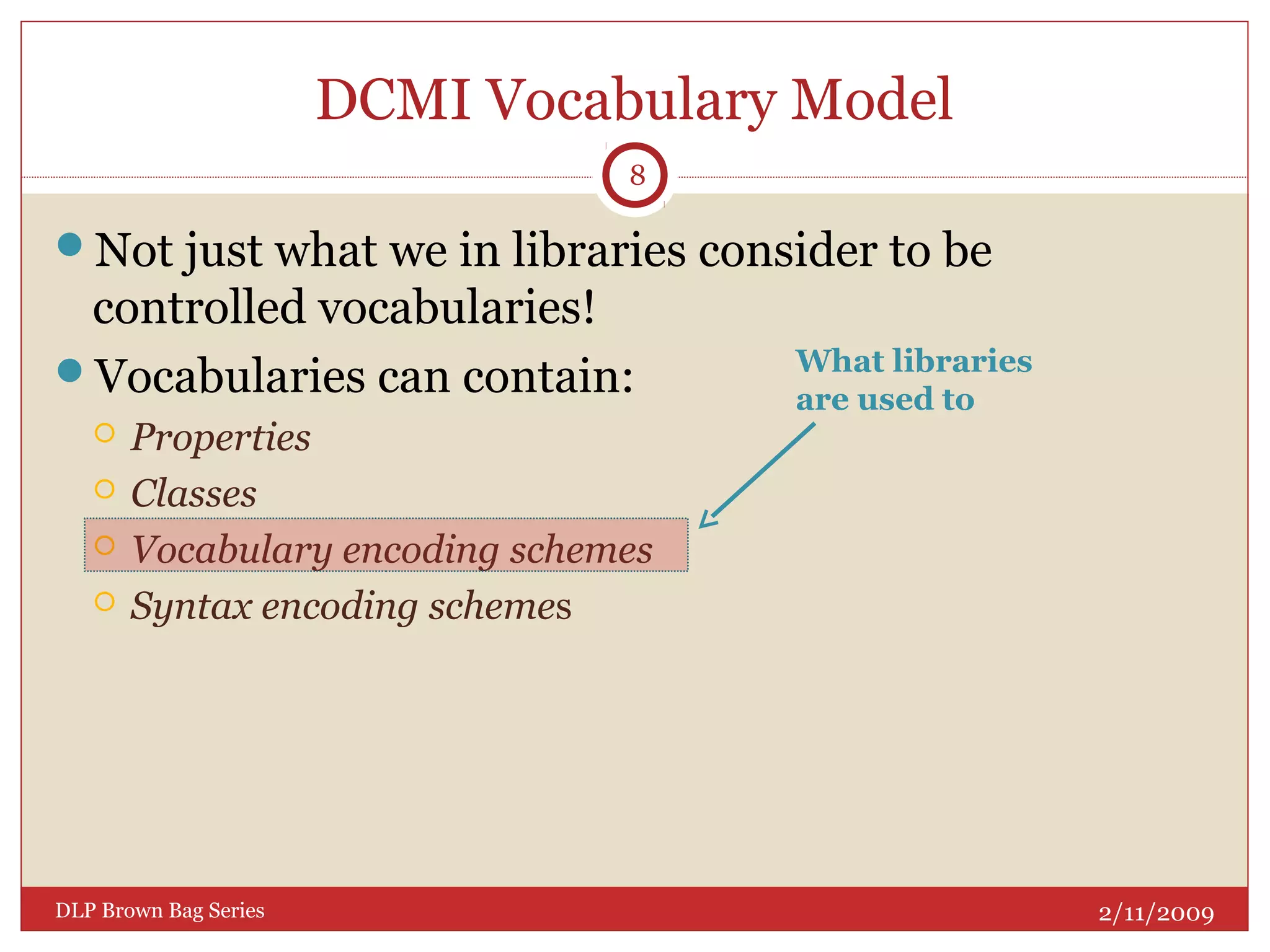 DCMI Vocabulary Model
Not just what we in libraries consider to be
controlled vocabularies!
Vocabularies can contain:
 Properties
 Classes
 Vocabulary encoding schemes
 Syntax encoding schemes
2/11/2009DLP Brown Bag Series
8
What libraries
are used to
 