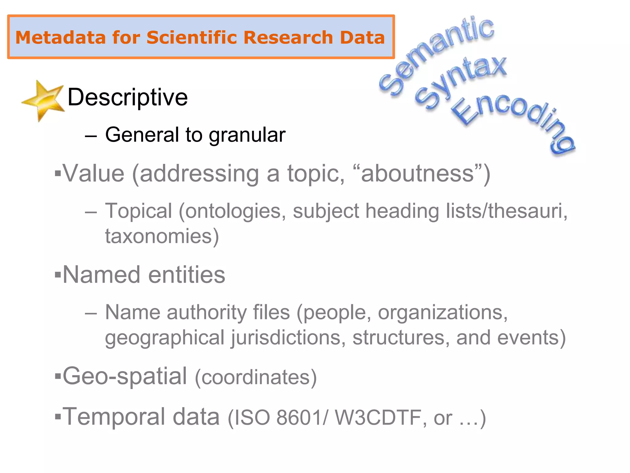 Metadata for Scientific Research Data


     Descriptive
       – General to granular
   ▪Value (addressing a topic, ―aboutness‖)
       – Topical (ontologies, subject heading lists/thesauri,
         taxonomies)
   ▪Named entities
       – Name authority files (people, organizations,
         geographical jurisdictions, structures, and events)
   ▪Geo-spatial (coordinates)
   ▪Temporal data (ISO 8601/ W3CDTF, or …)
 