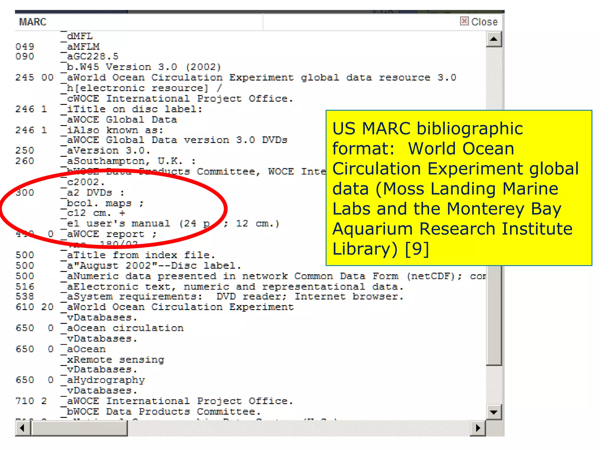 US MARC bibliographic
format: World Ocean
Circulation Experiment global
data (Moss Landing Marine
Labs and the Monterey Bay
Aquarium Research Institute
Library) [9]
 