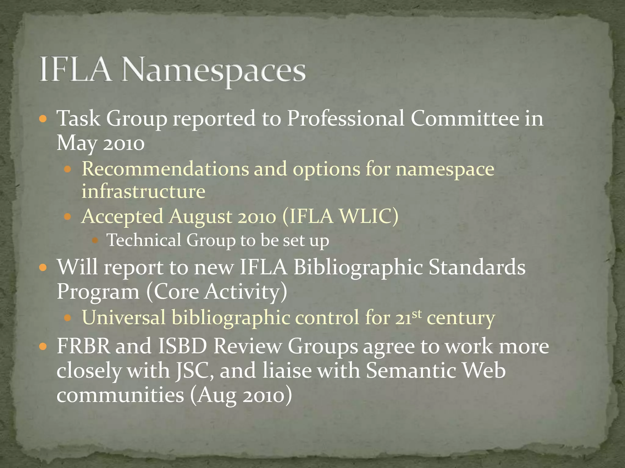 How do these relate to the RDA guidance text?Who will maintain these? How will they be kept in sync with the text?  Will the governance model for these be the same as the text? Who decides?How can we use these vocabularies effectively?What else do we need to identify?How should we continue this work?Remaining Issues10/22/1045DC-2010