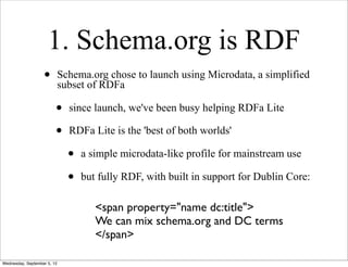 1. Schema.org is RDF
                   •         Schema.org chose to launch using Microdata, a simplified
                             subset of RDFa

                         •     since launch, we've been busy helping RDFa Lite

                         •     RDFa Lite is the 'best of both worlds'

                               •   a simple microdata-like profile for mainstream use

                               •   but fully RDF, with built in support for Dublin Core:

                                      <span property="name dc:title">
                                      We can mix schema.org and DC terms
                                      </span>

Wednesday, September 5, 12
 