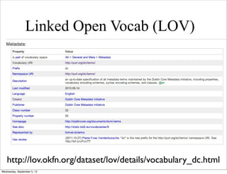 Linked Open Vocab (LOV)




   http://lov.okfn.org/dataset/lov/details/vocabulary_dc.html
Wednesday, September 5, 12
 