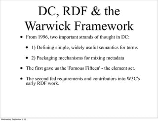 DC, RDF & the
                        Warwick Framework
                   •         From 1996, two important strands of thought in DC:

                         •     1) Defining simple, widely useful semantics for terms

                         •     2) Packaging mechanisms for mixing metadata

                   •         The first gave us the 'Famous Fifteen' - the element set.

                   •         The second fed requirements and contributors into W3C's
                             early RDF work.




Wednesday, September 5, 12
 