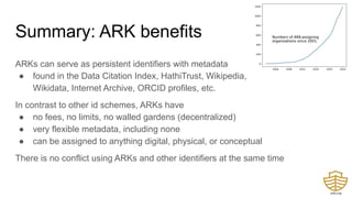 Summary: ARK benefits
ARKs can serve as persistent identifiers with metadata
● found in the Data Citation Index, HathiTrust, Wikipedia,
Wikidata, Internet Archive, ORCID profiles, etc.
In contrast to other id schemes, ARKs have
● no fees, no limits, no walled gardens (decentralized)
● very flexible metadata, including none
● can be assigned to anything digital, physical, or conceptual
There is no conflict using ARKs and other identifiers at the same time
 