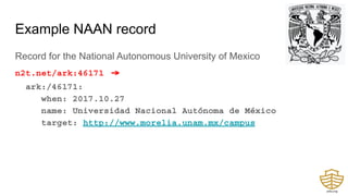 Example NAAN record
Record for the National Autonomous University of Mexico
n2t.net/ark:46171 →
ark:/46171:
when: 2017.10.27
name: Universidad Nacional Autónoma de México
target: http://www.morelia.unam.mx/campus
 