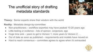 The unofficial story of drafting
metadata standards
Theory: Senior experts share their wisdom with the world
Reality: Metadata design-by-committee
● Non-practitioners – workflow expertise may have peaked 10-20 years ago
● Little testing or evidence – lots of opinion, conjecture, ego
● Huge time sink – years to get to Version 1; more years to Version 2; …
● Out of date as soon as published – requirements and models have moved on
● Hard to reach consensus – committee agrees to agree when it’s exhausted
 