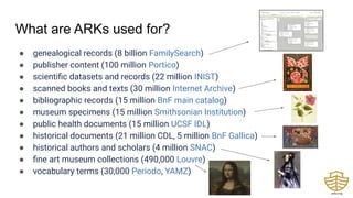 What are ARKs used for?
● genealogical records (8 billion FamilySearch)
● publisher content (100 million Portico)
● scientiﬁc datasets and records (22 million INIST)
● scanned books and texts (30 million Internet Archive)
● bibliographic records (15 million BnF main catalog)
● museum specimens (15 million Smithsonian Institution)
● public health documents (15 million UCSF IDL)
● historical documents (21 million CDL, 5 million BnF Gallica)
● historical authors and scholars (4 million SNAC)
● ﬁne art museum collections (490,000 Louvre)
● vocabulary terms (30,000 Periodo, YAMZ)
 