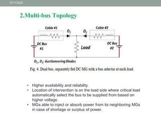 27/11/2022
2.Multi-bus Topology
• Higher availability and reliability.
• Location of intervention is on the load side where critical load
automatically select the bus to be supplied from based on
higher voltage.
• MGs able to inject or absorb power from its neighboring MGs
in case of shortage or surplus of power.
 