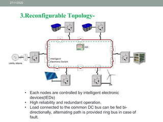 27/11/2022
3.Reconfigurable Topology-
• Each nodes are controlled by intelligent electronic
devices(IEDs)
• High reliability and redundant operation.
• Load connected to the common DC bus can be fed bi-
directionally, alternating path is provided ring bus in case of
fault.
 