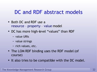 DC and RDF abstract models Both DC and RDF use a resource – property – value  model DC has more high-level “values” than RDF value URIs value strings rich values, etc. The LOM RDF binding uses the RDF model (of course) It also tries to be compatible with the DC model. 