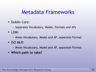 Metadata Frameworks Dublin Core: Separates Vocabulary, Model, Formats and APs LOM: Mixes Vocabulary, Model and AP, separates Format ISO MLR: Mixes Vocabulary, Model and AP, separates Format Which path to take? 