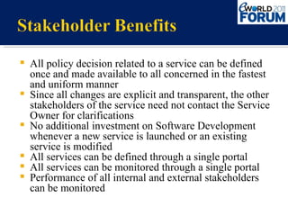 All policy decision related to a service can be defined once and made available to all concerned in the fastest and uniform manner Since all changes are explicit and transparent, the other stakeholders of the service need not contact the Service Owner for clarifications No additional investment on Software Development whenever a new service is launched or an existing service is modified All services can be defined through a single portal All services can be monitored through a single portal Performance of all internal and external stakeholders can be monitored 