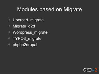 Modules based on Migrate
√ Ubercart_migrate
√ Migrate_d2d
√ Wordpress_migrate
√ TYPO3_migrate
√ phpbb2drupal
 