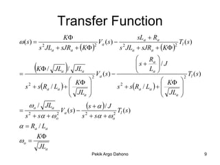 Transfer Function
                    K                                sLa  Ra
 (s)                              V (s)                                Tl ( s )
          s JLa  sJRa  K                 s JLa  sJRa  K 
           2                       2 a          2                    2


                                                           Ra 


         K /       
                 JLa /     JLa
                                    Va ( s ) 
                                                      s 
                                                      
                                                           La 
                                                                / J
                                                                                  Tl ( s )
                                  2                                            2
                          K                                    K     
    s  s Ra / La   
     2
                                               s  s Ra / La   
                                                2                          
                           JLa                                   JL     
                                                                   a    

 2
   o / JLa              s    / J T ( s)
              Va ( s )  2
  s  s  o
            2
                        s  s  o  2 l


  Ra / La
         K
o 
          JLa
                                  Pekik Argo Dahono                                           9
 