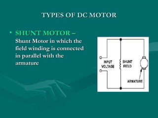 TYPES OF DC MOTOR

• SHUNT MOTOR –
 Shunt Motor in which the
 field winding is connected
 in parallel with the
 armature
 
