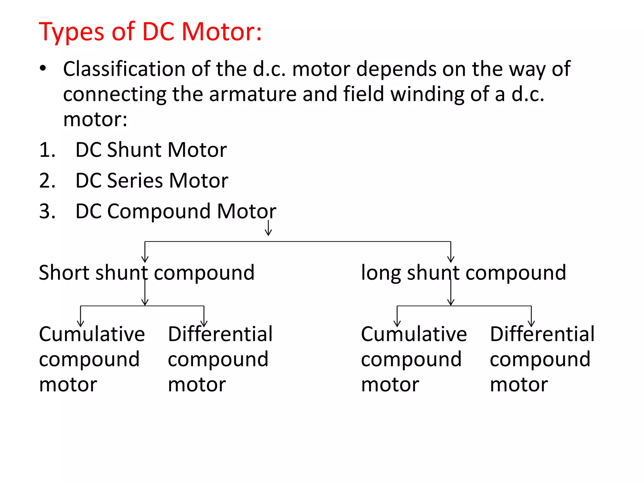 Types of DC Motor:
• Classification of the d.c. motor depends on the way of
connecting the armature and field winding of a d.c.
motor:
1. DC Shunt Motor
2. DC Series Motor
3. DC Compound Motor
Short shunt compound long shunt compound
Cumulative Differential Cumulative Differential
compound compound compound compound
motor motor motor motor
 