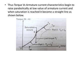 • Thus Torque Vs Armature current characteristics begin to
raise parabolically at low value of armature current and
when saturation is reached it become a straight line as
shown below.
 
