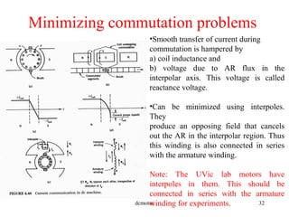 dcmotor 32
Minimizing commutation problems
•Smooth transfer of current during
commutation is hampered by
a) coil inductance and
b) voltage due to AR flux in the
interpolar axis. This voltage is called
reactance voltage.
•Can be minimized using interpoles.
They
produce an opposing field that cancels
out the AR in the interpolar region. Thus
this winding is also connected in series
with the armature winding.
Note: The UVic lab motors have
interpoles in them. This should be
connected in series with the armature
winding for experiments.
 