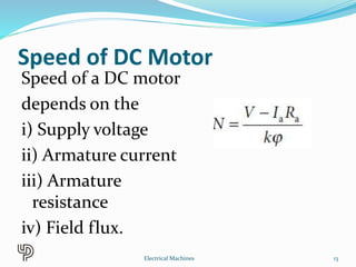 Speed of DC Motor
Speed of a DC motor
depends on the
i) Supply voltage
ii) Armature current
iii) Armature
resistance
iv) Field flux.
13Electrical Machines
 