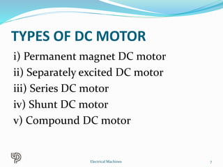 TYPES OF DC MOTOR
i) Permanent magnet DC motor
ii) Separately excited DC motor
iii) Series DC motor
iv) Shunt DC motor
v) Compound DC motor
7Electrical Machines
 