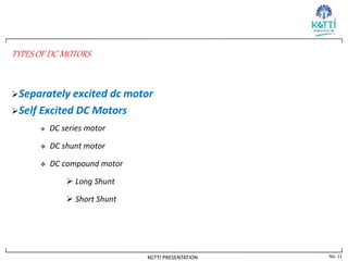 No. 11
KGTTI PRESENTATION
TYPES OF DC MOTORS
Separately excited dc motor
Self Excited DC Motors
 DC series motor
 DC shunt motor
 DC compound motor
 Long Shunt
 Short Shunt
 