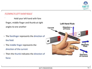 No. 3
KGTTI PRESENTATION
FLEMING’S LEFT HAND RULE
. Hold your left hand with fore
finger, middle finger and thumb at right
angles to one another
• The forefinger represents the direction of
the field
• The middle finger represents the
direction of the current
• Then the thumb indicates the direction of
force
 