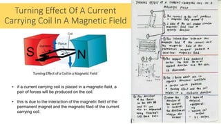 Turning Effect Of A Current
Carrying Coil In A Magnetic Field
• if a current carrying coil is placed in a magnetic field, a
pair of forces will be produced on the coil.
• this is due to the interaction of the magnetic field of the
permanent magnet and the magnetic filed of the current
carrying coil.
 