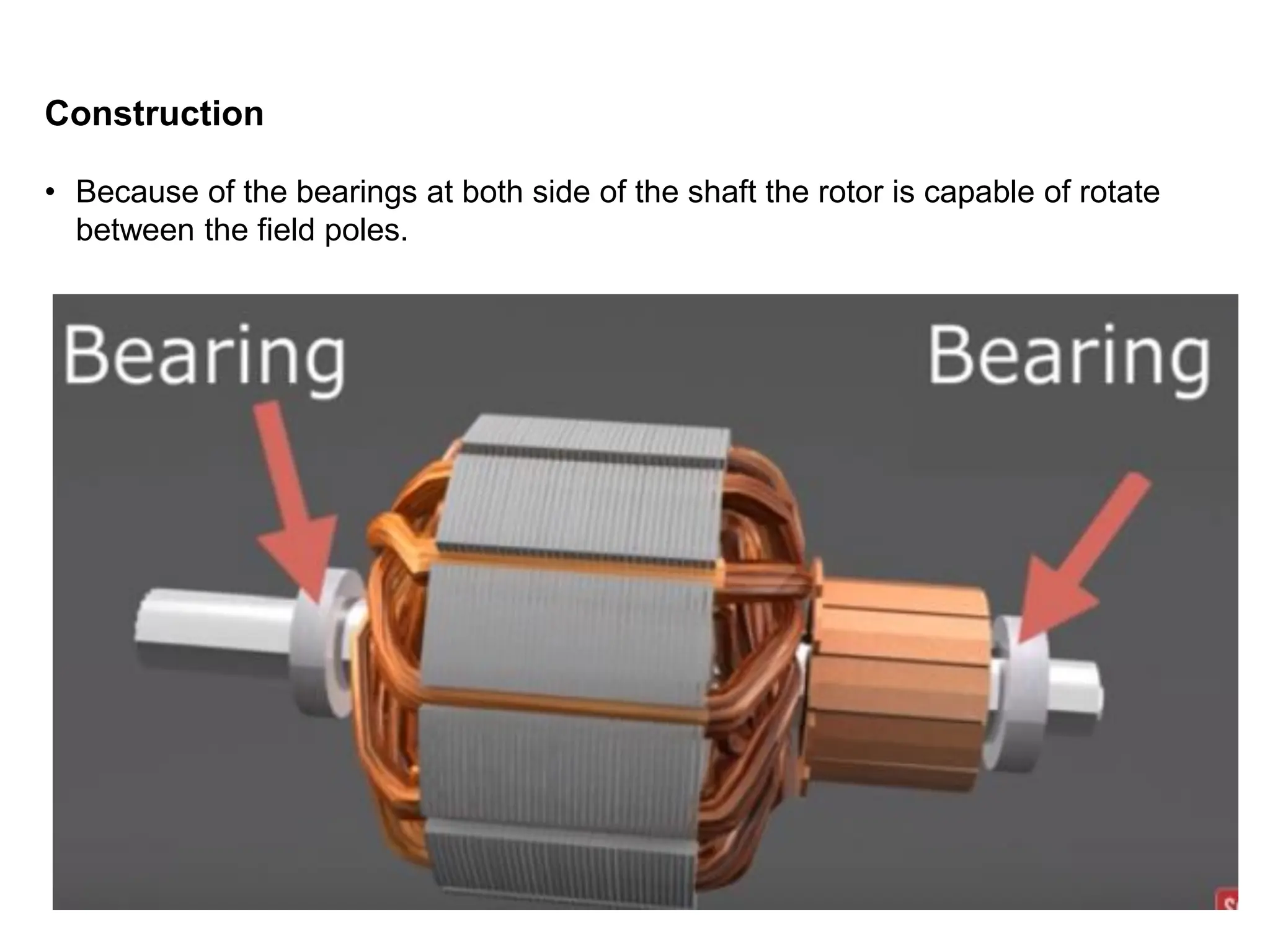 Construction
• Because of the bearings at both side of the shaft the rotor is capable of rotate
between the field poles.
 