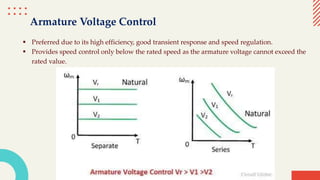 Armature Voltage Control
 Preferred due to its high efficiency, good transient response and speed regulation.
 Provides speed control only below the rated speed as the armature voltage cannot exceed the
rated value.
 