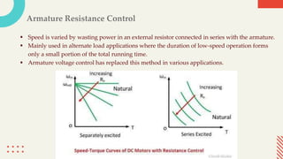 Armature Resistance Control
 Speed is varied by wasting power in an external resistor connected in series with the armature.
 Mainly used in alternate load applications where the duration of low-speed operation forms
only a small portion of the total running time.
 Armature voltage control has replaced this method in various applications.
 