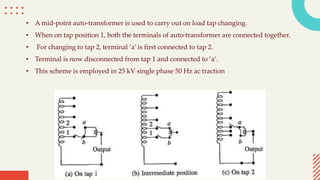 • A mid-point auto-transformer is used to carry out on load tap changing.
• When on tap position 1, both the terminals of auto-transformer are connected together.
• For changing to tap 2, terminal ‘a’ is first connected to tap 2.
• Terminal is now disconnected from tap 1 and connected to ‘a’.
• This scheme is employed in 25 kV single phase 50 Hz ac traction
 