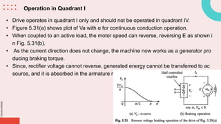 slidesmania.com
Operation in Quadrant I
• Drive operates in quadrant I only and should not be operated in quadrant IV.
• Figure 5.31(a) shows plot of Va with α for continuous conduction operation.
• When coupled to an active load, the motor speed can reverse, reversing E as shown i
n Fig. 5.31(b).
• As the current direction does not change, the machine now works as a generator pro
ducing braking torque.
• Since, rectifier voltage cannot reverse, generated energy cannot be transferred to ac
source, and it is absorbed in the armature resistance.
 