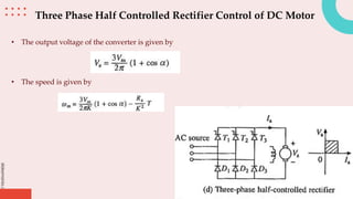slidesmania.com
Three Phase Half Controlled Rectifier Control of DC Motor
• The output voltage of the converter is given by
• The speed is given by
 