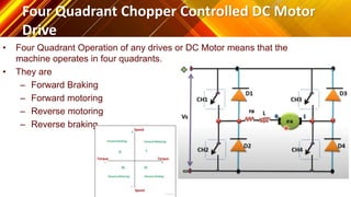Four Quadrant Chopper Controlled DC Motor
Drive
• Four Quadrant Operation of any drives or DC Motor means that the
machine operates in four quadrants.
• They are
– Forward Braking
– Forward motoring
– Reverse motoring
– Reverse braking.
 