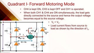 Quadrant I- Forward Motoring Mode
• CH4 is kept ON, CH3 is kept OFF and CH1 is operated.
• When both CH1 & CH4 are ON simultaneously, the load gets
directly connected to the source and hence the output voltage
becomes equal to the source voltage.
• Vo = Vs.
• Load current flows from source to
load as shown by the direction of io.
 