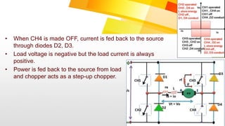 • When CH4 is made OFF, current is fed back to the source
through diodes D2, D3.
• Load voltage is negative but the load current is always
positive.
• Power is fed back to the source from load
and chopper acts as a step-up chopper.
 