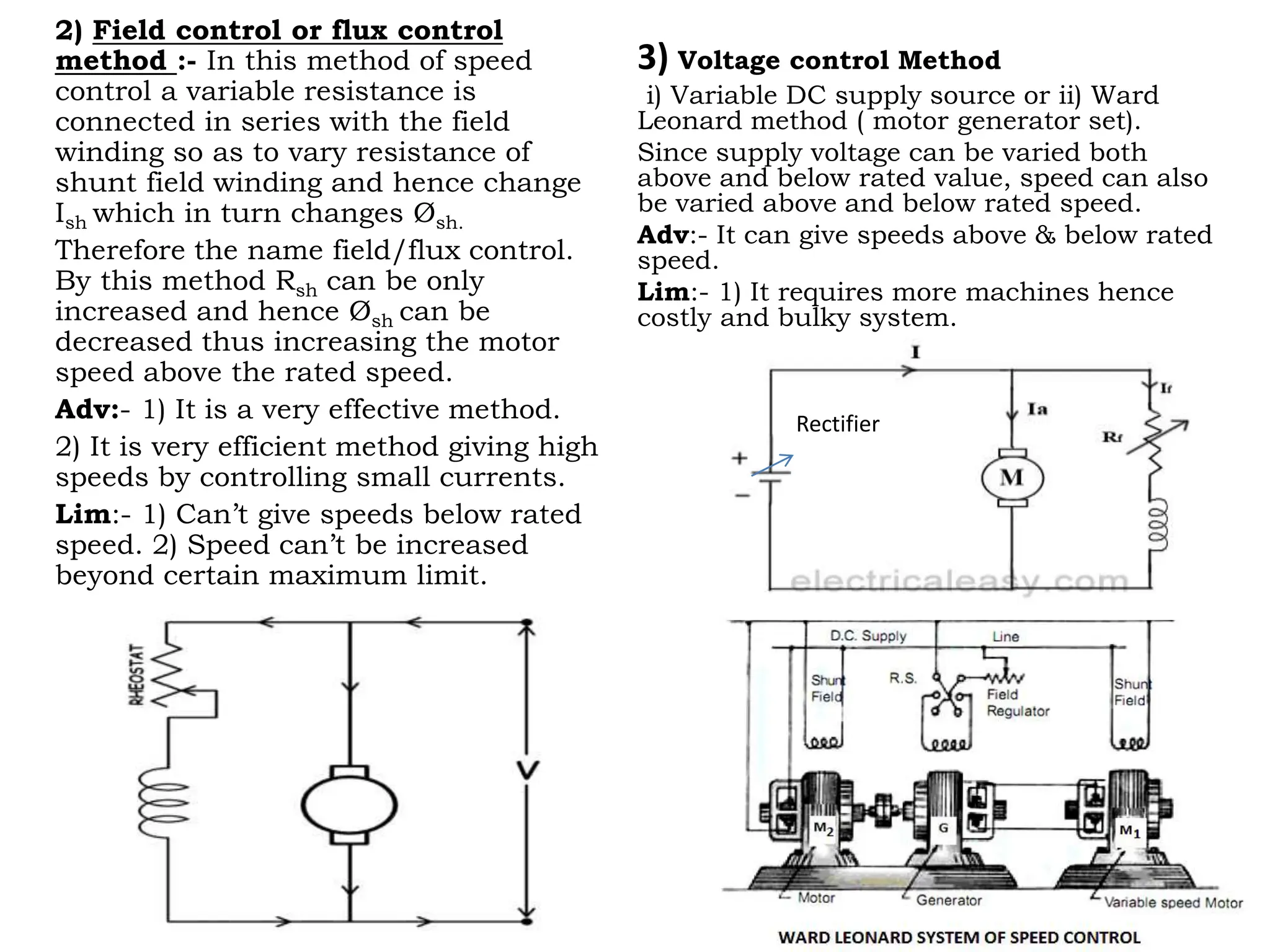 2) Field control or flux control
method :- In this method of speed
control a variable resistance is
connected in series with the field
winding so as to vary resistance of
shunt field winding and hence change
Ish which in turn changes Øsh.
Therefore the name field/flux control.
By this method Rsh can be only
increased and hence Øsh can be
decreased thus increasing the motor
speed above the rated speed.
Adv:- 1) It is a very effective method.
2) It is very efficient method giving high
speeds by controlling small currents.
Lim:- 1) Can’t give speeds below rated
speed. 2) Speed can’t be increased
beyond certain maximum limit.
3) Voltage control Method
i) Variable DC supply source or ii) Ward
Leonard method ( motor generator set).
Since supply voltage can be varied both
above and below rated value, speed can also
be varied above and below rated speed.
Adv:- It can give speeds above & below rated
speed.
Lim:- 1) It requires more machines hence
costly and bulky system.
Rectifier
 