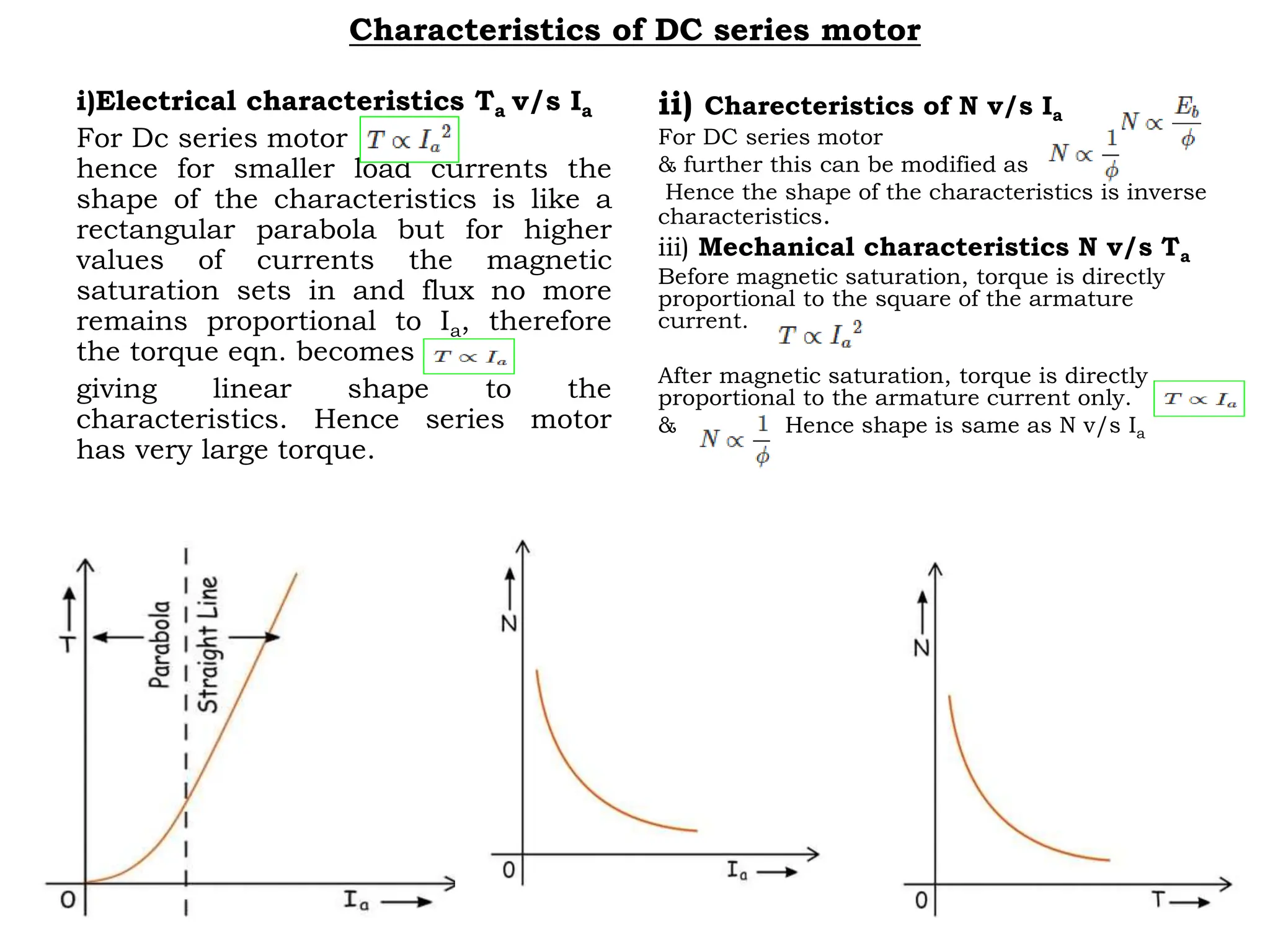 Characteristics of DC series motor
i)Electrical characteristics Ta v/s Ia
For Dc series motor
hence for smaller load currents the
shape of the characteristics is like a
rectangular parabola but for higher
values of currents the magnetic
saturation sets in and flux no more
remains proportional to Ia, therefore
the torque eqn. becomes
giving linear shape to the
characteristics. Hence series motor
has very large torque.
ii) Charecteristics of N v/s Ia
For DC series motor
& further this can be modified as
Hence the shape of the characteristics is inverse
characteristics.
iii) Mechanical characteristics N v/s Ta
Before magnetic saturation, torque is directly
proportional to the square of the armature
current.
After magnetic saturation, torque is directly
proportional to the armature current only.
& Hence shape is same as N v/s Ia
 
