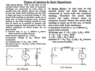 Types of motors & their Equations
1)DC shunt Motor:- This is the type of self
excited motor where the field & armature
windings are connected to each other in
parallel (see Fig. below). Hence the voltage
across the shunt field winding and the load
is high and same as terminal voltage V. The
shunt field winding is therefore made up of
large nos. of turns of thinner wire. Current
flowing in the field winding should be very
less as much as is needed to produce the
required magnetic field strength or flux. The
related equations of shunt motor are as
given below
i) Current eqn. I= Ish+ Ia (Where Ish-shunt
field current & I-load current
Field current equation Ish = V/Rsh
(V-terminal voltage & Rsh- Shunt field
resistance)
ii) ) Voltage eqn. V = Eb + IaRa + BVD
iii) Power eqn P = VIa=EbIa +Ia
2Ra+ Power loss
across brushes
2) Series Motor:- In this type of self
excited motor the field winding is
connected in series with the armature
winding. Therefore the series field
carries the large current same as
armature current. Hence the series field
winding is made up of few nos. of thick
wire turns with least resistance.
i) Armature Current Ia= Ise=I (Where Ise
series field current)
ii)Voltage eqn. V = Eb + IaRa+ IseRse+ BVD
V = Eb + IaRa + IaRse+ BVD
V = Eb + Ia(Ra + Rse)+ BVD
iii)Power P = VIa= EbIa +Ia
2(Ra+ Rse)+Power
loss across brushes
Eb
Eb
 