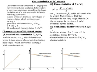 Characteristics of DC motors
Characteristics of a machine is the graph or
curve which shows a relation between two
or more parameters of a machine. It shows
the behavior of a machine under different
operating conditions.
In case of motors there are three types of
characteristics which are important
namely:-
i)Electrical characteristics Ta v/s Ia ,
ii) N v/s Ia &
iii) Mechanical characteristics N v/s Ta
Characteristics of DC Shunt motor
i)Electrical characteristics Ta v/s Ia
In shunt motor since Ø is constant
hence it gives a linear characteristics starting
from origin. Which shows that the torque
production is medium.
ii) Charecteristics of N v/s Ia
As Ia increases IaRa drop increases due
to which N decreases. But the
decrease is not very large. Hence DC
shunt motor is considered to be
constant speed motor.
iii) Mechanical characteristics N v/s
Ta
In shunt motor since Ø is
constant. Hence N v/s Ta
characteristics is same as N v/s Ia
characteristics
 