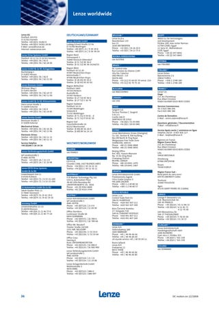 Lenze worldwide
36 DC motors en 12/2004
Lenze AG
Postfach 101352
D-31763 Hameln
Telefon +49 (0)51 54/82-0
Telefax +49 (0)51 54/82-28 00
E-Mail: Lenze@Lenze.de
Internet: www.Lenze.com
Lenze Drive Systems GmbH
Postfach 10 13 52, D-31763 Hameln
Telefon +49 (0)51 54 / 82-0
Telefax +49 (0)51 54 / 82-28 00
Lenze GmbH & Co KG Anlagenbau
Buchenweg 1
D-31855 Aerzen
Telefon +49 (0)51 54 / 82-0
Telefax +49 (0)51 54 / 82-21 00
Lenze Bremsen GmbH
Wülmser Weg 5
D-31855 Aerzen
Telefon +49 (0)51 54 / 82-14 53
Telefax +49 (0)51 54 / 82-11 04
Lenze GmbH & Co KG Kleinantriebe
Hans-Lenze-Straße 1
D-32699 Extertal
Telefon +49 (0)51 54 / 82-0
Telefax +49 (0)51 54 / 82-14 85
Lenze Service GmbH
Breslauer Straße 3
D-32699 Extertal
Mechanical Drives
Telefon +49 (0)51 54 / 82-16 26
Telefax +49 (0)51 54 / 82-13 96
Electronic Drives
Telefon +49 (0)51 54 / 82-11 11
Telefax +49 (0)51 54 / 82-11 12
Service Helpline
+49 (0)180 5 20 24 26
Lenze Verbindungstechnik GmbHI
Ipf-Landesstraße 1
A-4481 ASTEN
Phone +43 (0)72 24 / 21 1-0
Telefax +43 (0)72 24 / 21 19 98
Lenze DETO Drive Systems
GmbH & Co KG
Gewerbepark Süd 11
A-6330 Kufstein
Telefon +43 (0)53 72 / 6 53 15-200
Telefax +43 (0)53 72 / 6 53 15-299
LS Automation GmbH & Co KG
Jakob-Stadler-Platz 11
D-78467 Konstanz
Telefon +49 (0)75 31 /9 42 19-0
Telefax +49 (0)75 31 /9 42 19 20
encoway GmbH
Universitätsallee 21-23
D-28359 Bremen
Telefon +49 (0)4 21 /2 46 77-0
Telefax +49 (0)4 21 /2 46 77-10
DEUTSCHLAND/GERMANY
Lenze Vertrieb GmbH
Ludwig-Erhard-Straße 52-56
D-72760 Reutlingen
Telefon +49 (0)71 21 / 9 39 39-0
Telefax +49 (0)71 21 / 9 39 39-29
Region Nord
Dornenpark 1
31840 Hessisch Oldendorf
Telefon (0 51 52) 90 36-0
Telefax (0 51 52) 90 36-33/44/55
Region West
Postfach 10 12 20
47497 Neukirchen-Vluyn
Kelvinstraße 7
47506 Neukirchen-Vluyn
Telefon (0 28 45) 95 93-0
Telefax (0 28 45) 95 93 93
Region Mitte/Ost
Postfach 1463
35724 Herborn
Austraße 81
35745 Herborn
Telefon (0 27 72) 95 94-0
Telefax (0 27 72) 5 30 79
Region Südwest
Postfach 14 33
71304 Waiblingen
Schänzle 8
71332 Waiblingen
Telefon (0 71 51) 9 59 81 - 0
Telefax (0 71 51) 9 59 81 50
Region Süd
Fraunhoferstraße 16
82152 Martinsried
Telefon (0 89) 89 56 14-0
Telefax (0 89) 89 56 14 14
WELTWEIT/WORLDWIDE
ALGERIA
see FRANCE
ARGENTINA *
E.R.H.S.A.
Girardot 1368, 1427 BUENOS AIRES
Phone +54 (0)11 / 45 54 32 32
Telefax +54 (0)11 / 45 52 36 11
AUSTRALIA *
FCR Motion Technology Pty. Ltd.
Unit 6, Automation Place
38-40 Little Boundary Rd.
LAVERTON NORTH, Vic. 3026
Phone +61 (3) 9362 6800
Telefax +61 (3) 9314 3744
AUSTRIA *
Lenze Antriebstechnik GmbH
Ipf-Landesstraße 1
4481 ASTEN
Phone +43 (0)7224 / 21 0-0
Telefax +43 (0)7224 / 21 09 99
Office Dornbirn:
Lustenauer Straße 64
6850 DORNBIRN
Phone +43 (0)5572 / 26 789-0
Telefax +43 (0)5572 / 26 789-66
Office Wr. Neudorf:
Triester Straße 14/109
2351 WR. NEUDORF
Phone +43 (0)2236 / 2 53 33-0
Telefax +43 (0)2236 / 2 53 33-66
Office Graz:
Seering 8
8141 UNTERPREMSTÄTTEN
Phone +43 (0)3135 / 56 900-0
Telefax +43 (0)3135 / 56 900 999
Lenze Verbindungstechnik GmbH
Ipf-Landesstraße 1
4481 ASTEN
Phone +43 (0)7224 / 21 1-0
Telefax +43 (0)7224 / 21 19 98
Lenze Anlagentechnik GmbH
Mühlenstraße 3
4470 ENNS
Phone +43 (0)7223 / 886-0
Telefax +43 (0)7223 / 886-997
BELGIUM *
Lenze b.v.b.a
Noorderlaan 133
bus 15
2030 ANTWERPEN
Phone +32 (0)3 / 54 26 20 0
Telefax +32 (0)3 / 54 13 75 4
BOSNIA-HERZEGOVINA
see AUSTRIA
BRAZIL *
AC Control Ltda
Rua Gustavo da Silveira 1199
Vila Sta. Catarina
SÃO PAULO – S.P.
04376-000
Phone +55 (11) 55 64 65 79 ramal: 214
Telefax +55 (11) 56 79 75 10
BULGARIA
see MACEDONIA
CANADA *
see USA
CHILE
Sargent S.A.
Tecnica Thomas C. Sargent
S.A.C.é.l.
Casilla 166-D
SANTIAGO DE CHILE
Phone +56 (0)2 / 51 03 000
Telefax +56 (0)2 / 69 83 989
CHINA *
Lenze Mechatronic Drives (Shanghai)
Co. Ltd., Section B, 50# building,
No.199 North Ri Ying Road,
Waigaoqiao Free Trade Zone
SHANGHAI, 200131
Phone +86-21-5046 0848
Telefax +86-21-5046 0850
Beijing Office
Rm. 401, Huaxin Mansion
No. 33 An Ding Road
Chaoyang District
BEIJING 100029
Phone +86-10-6441 1470
Telefax +86-10-6441 1467
CROATIA
Lenze Antriebstechnik GmbH
Predstavnista Zagreb
Ulica Grada Gospica 3
HR-1000 ZAGREB
Phone +385-1-2 49 80 56
Telefax +385-1-2 49 80 57
CZECH REPUBLIC
Lenze, s.r.o.
Central Trade Park D1
396 01 HUMPOLEC
Phone +420 565 507-111
Telefax +420 565 507-399
Büro âerven˘ Kostelec:
17. listopadu 510
549 41 âERVEN¯ KOSTELEC
Phone +420 491 467-111
Telefax +420 491 467-166
DENMARK *
Lenze A/S
Vallensbækvej 18A
2605 BRØNDBY
Phone +45 / 46 96 66 66
Telefax +45 / 46 96 66 60
24 stunde service +45 / 40 93 04 11
Buero Jylland:
Lenze A/S
Enebærvej 11
8653 THEM
Phone +45 / 46 96 66 66
Telefax +45 / 46 96 66 80
EGYPT
WADI Co. for technologies
and development
P.O.Box 209, new center Ramses
11794 CAIRO, Egypt
11 Syria St., Mohandessin
GIZA, Egypt
Phone +20 (2) 347 6842
Telefax +20 (2) 347 6843
ESTONIA
see FINLAND
FINLAND *
Lenze Drives
Rykmentintie 2 b
20810 TURKU
Phone +358 2 2748 180
Telefax +358 2 2748 189
FRANCE *
Lenze S.A.
Siege
Z.A. de Chanteloup
Rue Albert Einstein
93603 AULNAY-SOUS-BOIS CEDEX
Services Commerciaux
Tel. 0 825 086 036
Fax 0 825 086 346
Centre de formation
E-Mail : semin.sidonie@lenze.fr
Questions générales / Documentation
E-Mail : info@lenze.fr
Service Après-vente / assistance en ligne
Helpline 24/24 : 0 825 826 117
E-Mail : helpline@lenze.fr
Agences en France
Région France Nord :
Z.A. de Chanteloup
Rue Albert Einstein
93603 AULNAY-SOUS-BOIS CEDEX
Lille
59420 MOUVAUX
Strasbourg
67960 ENTZHEIM
Rouen
76500 ELBEUF
Région France Sud :
Rond point du sans souci
69578 LIMONEST Cedex
Toulouse
31400 TOULOUSE
Agen
47270 SAINT-PIERRE DE CLAIRAC
GREECE
George P. Alexandris S.A.
12K. Mavromichali Str.
185 45 PIRAEUS
Phone +30 (0)210 / 41 11 84 15
Telefax +30 (0)210 / 4 11 81 71
4 12 70 58
183 Monastiriou Str.
546 27 THESSALONIKI
Phone +30 (0)310 / 5 56 65 04
Telefax +30 (0)310 / 51 18 15
HUNGARY *
Lenze Antriebstechnik
Handelsgesellschaft mbH
2040 BUDAÖRS
Gyár utca 2., P.O.Box 322.
Phone +36 (0)23 / 501-320
Telefax +36 (0)23 / 501-339
ICELAND
see DENMARK
Show/Hide Bookmarks
 