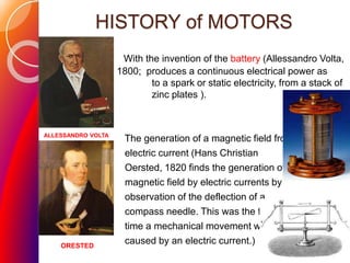HISTORY of MOTORS
With the invention of the battery (Allessandro Volta,
1800; produces a continuous electrical power as
opposed to a spark or static electricity, from a stack of
silver and zinc plates ).
The generation of a magnetic field from
electric current (Hans Christian
Oersted, 1820 finds the generation of a
magnetic field by electric currents by
observation of the deflection of a
compass needle. This was the first time a
time a mechanical movement was
caused by an electric current.)
ALLESSANDRO VOLTA
ORESTED
 