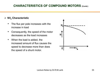 35
CHARACTERISTICS OF COMPOUND MOTORS (Contd.)
➢ N/Ia Characteristic
• The flux per pole increases with the
increase in load
• Consequently, the speed of the motor
decreases as the load increases
• When the load is added, the
increased amount of flux causes the
speed to decrease more than does
the speed of a shunt motor.
Lecture Notes by Dr.R.M.Larik
 