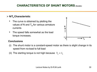 30
CHARACTERISTICS OF SHUNT MOTORS (Contd.)
➢ N/Ta Characteristic
• The curve is obtained by plotting the
values of N and ...